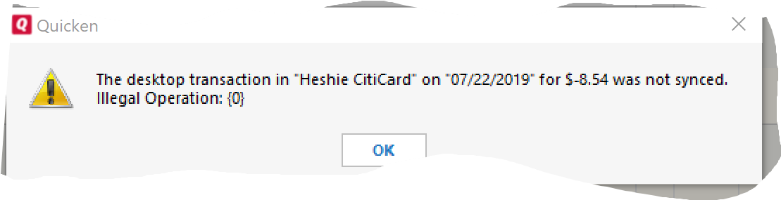 Quicken Error Message Sync Failure PNG image