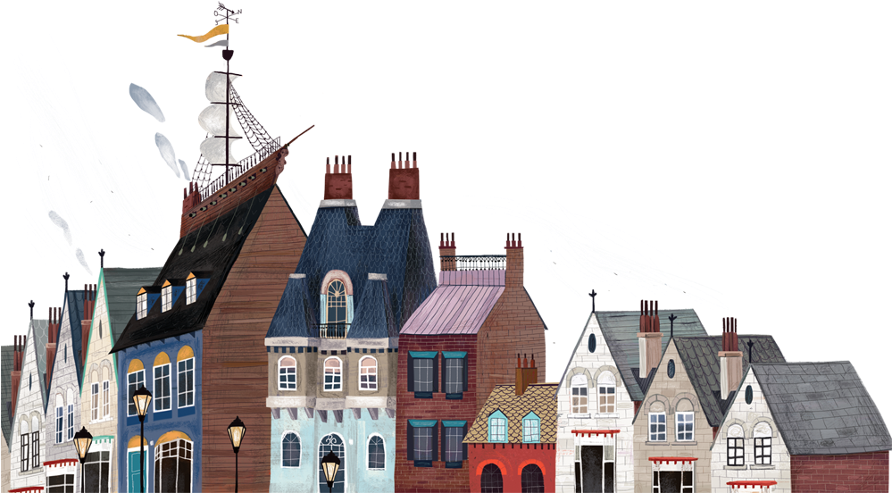 Quirky_ Townscape_with_ Ship_ Rooftop PNG image