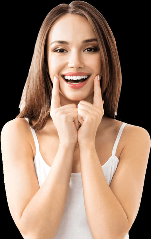 Radiant Smile Woman Pointing Cheeks PNG image