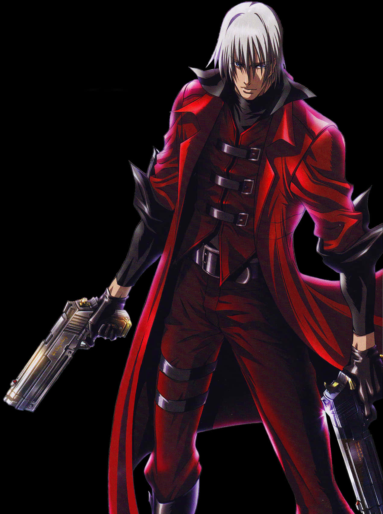 Red Coated Gun Wielding Anime Character PNG image