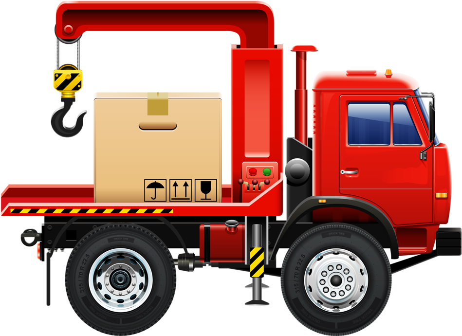 Red Flatbed Tow Truck With Crane PNG image