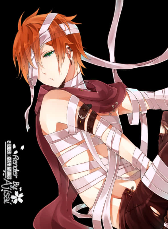 Red Haired Anime Boy Bandaged PNG image