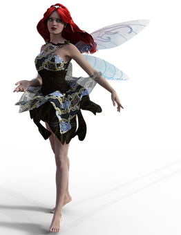 Red Haired Fairywith Blue Wings PNG image