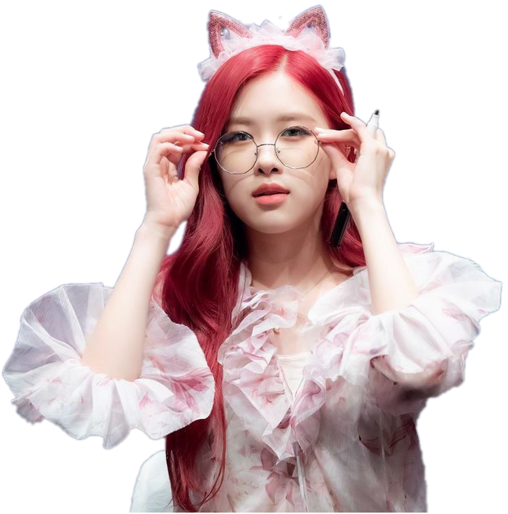 Red Haired Female Kpop Star With Cat Earsand Glasses PNG image