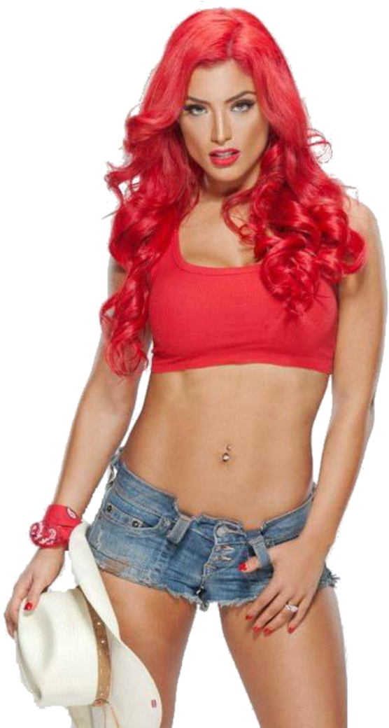 Red Haired_ Woman_in_ Red_ Top_and_ Denim_ Shorts PNG image