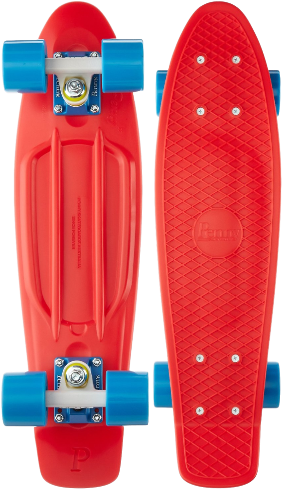 Red Penny Skateboardwith Blue Wheels PNG image