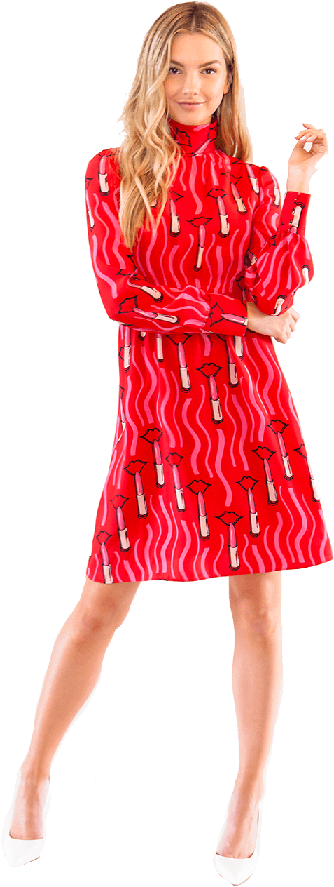 Red Printed Dress Model Posing PNG image