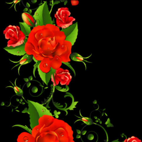 Red Roses Floral Designon Black Background PNG image