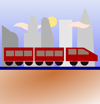 Red Train Cityscape Silhouette PNG image