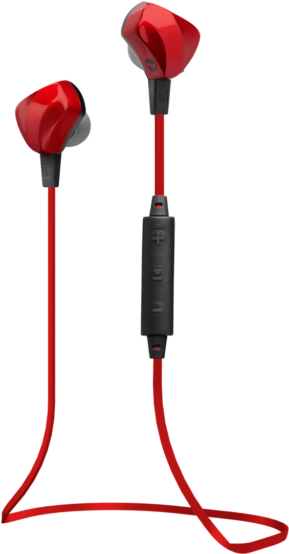 Red Wireless Earphoneswith Control Module PNG image