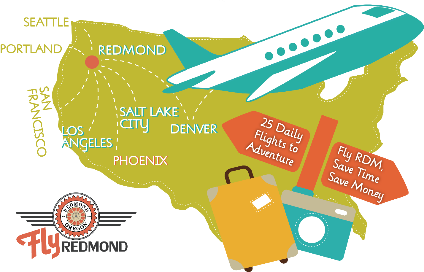 Redmond Oregon Flight Connections Map PNG image