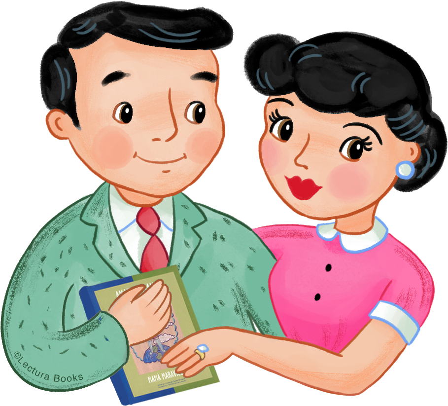 Retro Styled Parents Holding Book PNG image