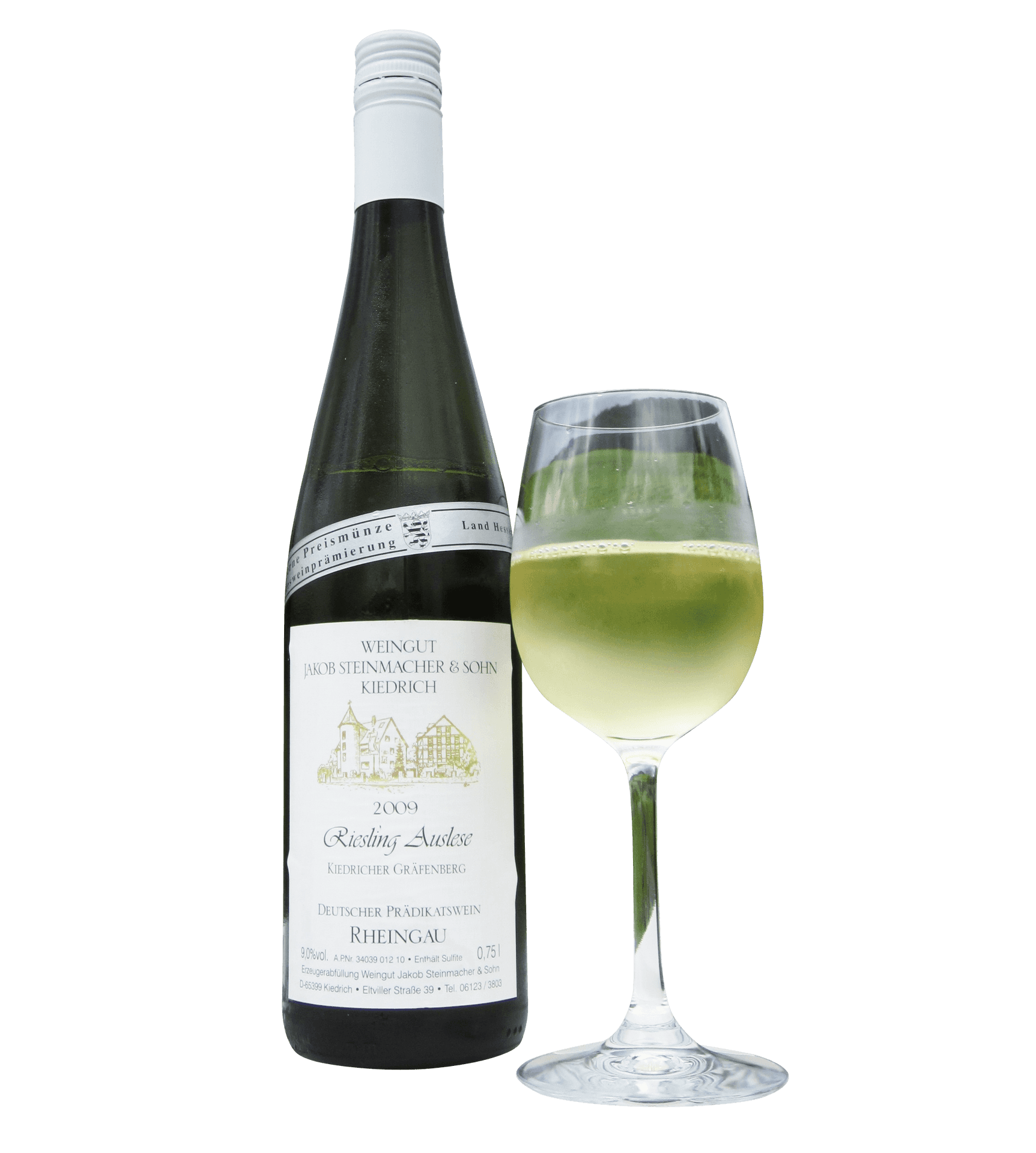 Riesling Auslese White Wine Bottleand Glass PNG image