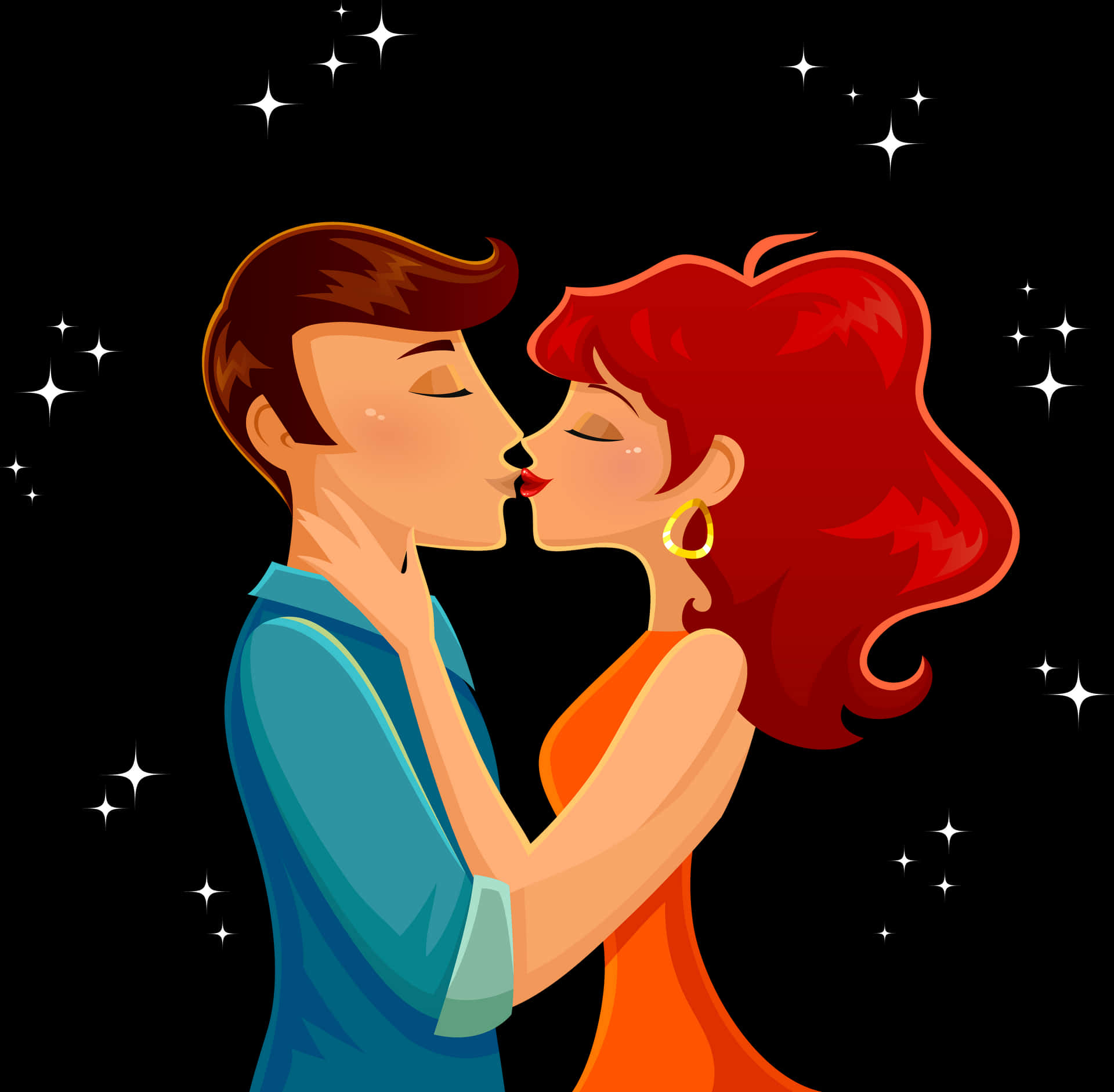 Romantic Cartoon Couple Kissing Stars Background PNG image