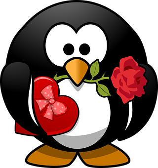 Romantic Penguin Holding Heartand Rose PNG image