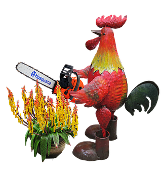 Rooster_with_ Chainsaw_and_ Flowers PNG image