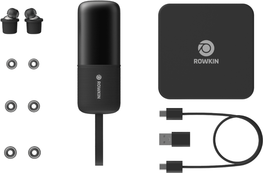 Rowkin Wireless Earbudsand Charging Accessories PNG image