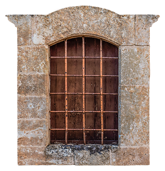 Rustic Arched Stone Windowwith Iron Bars PNG image