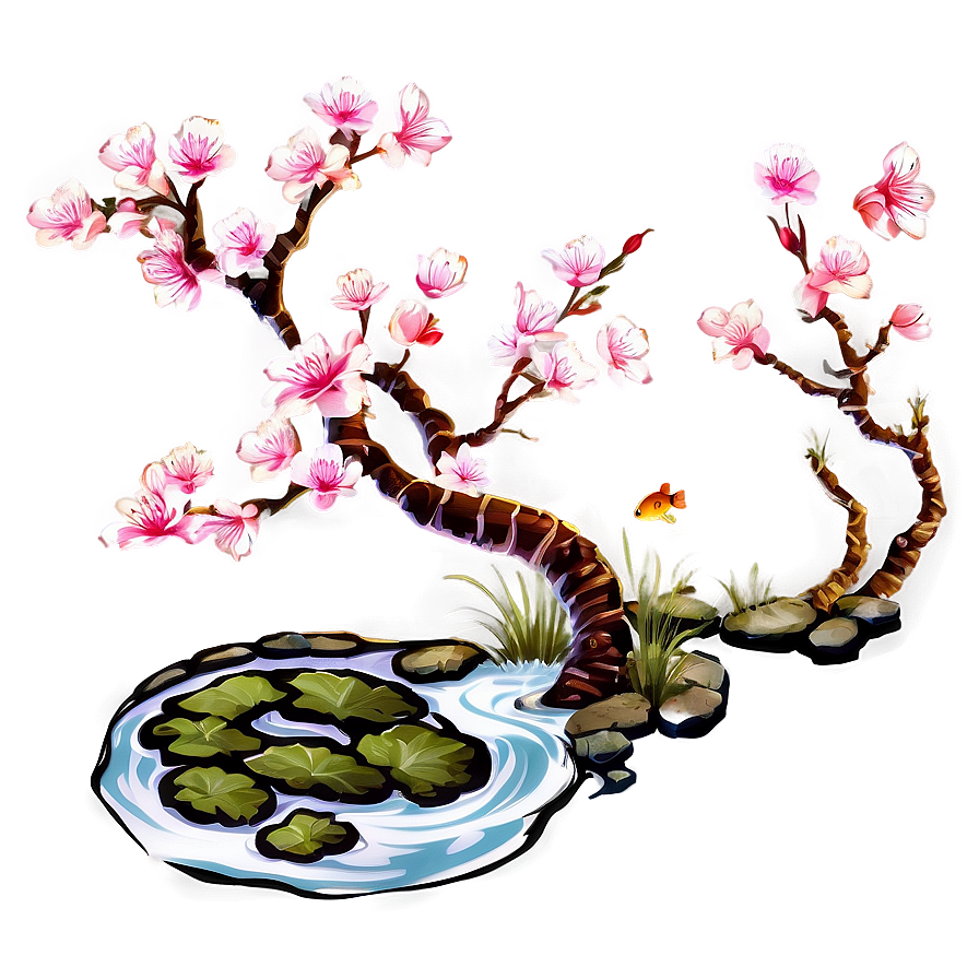 Sakura Tree With Koi Pond Png 06122024 PNG image