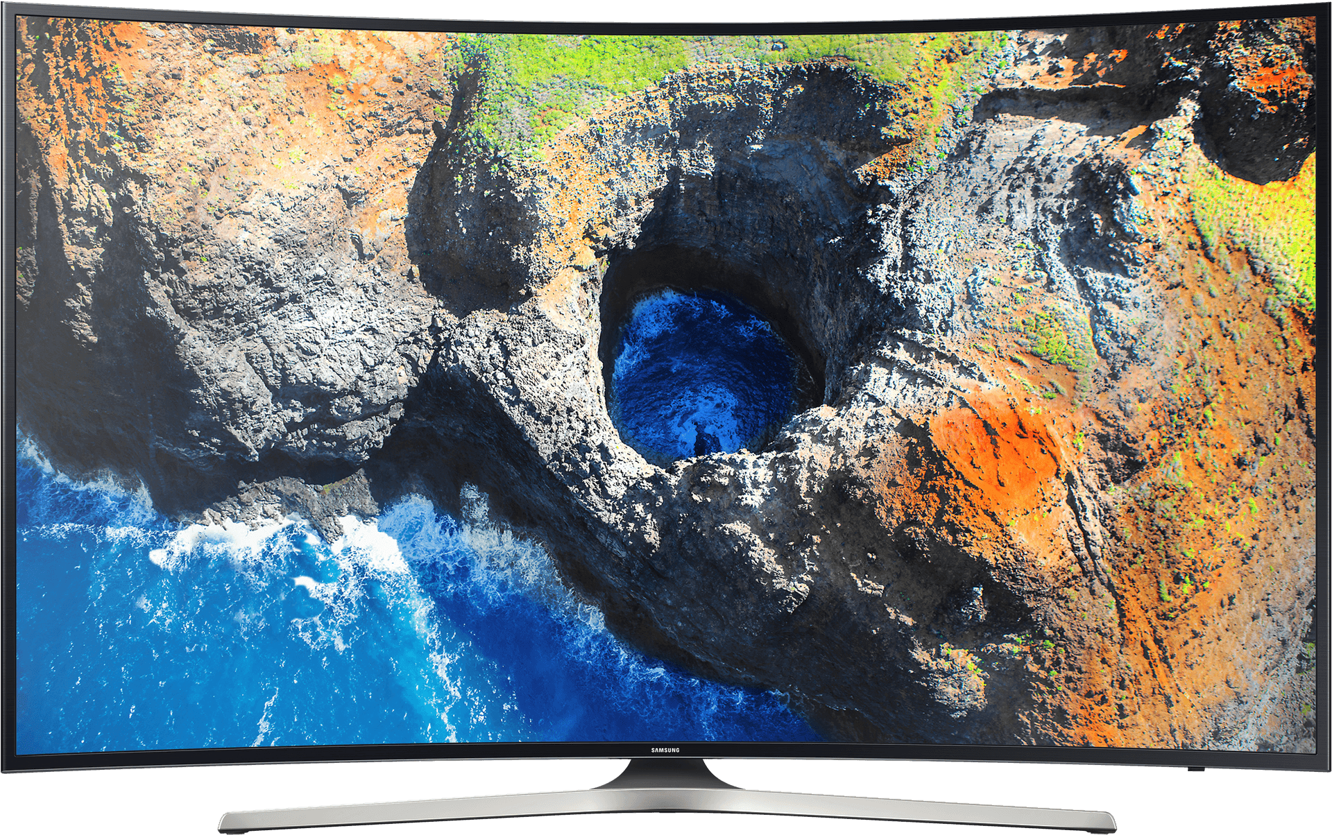 Samsung Curved Monitor Aerial Coastline View PNG image
