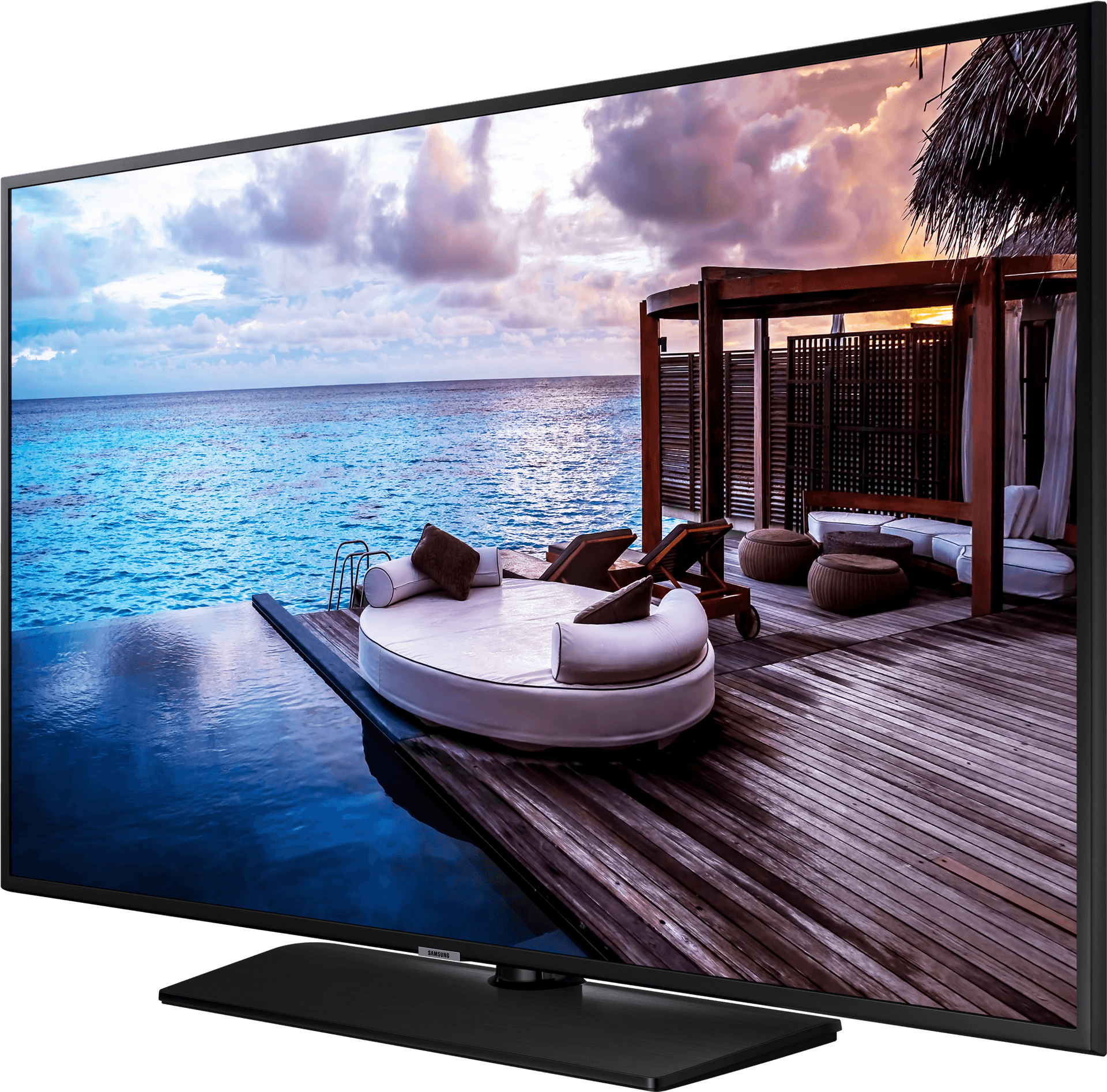 Samsung T V Displaying Tropical Seaside View PNG image