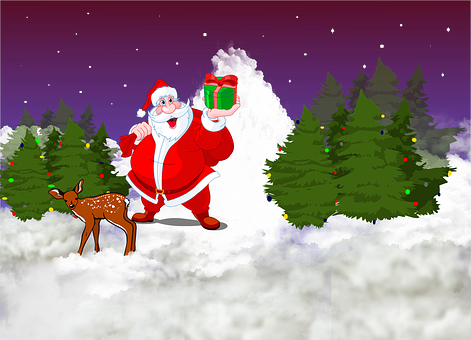 Santa Clauswith Giftand Reindeerin Snowy Forest.jpg PNG image