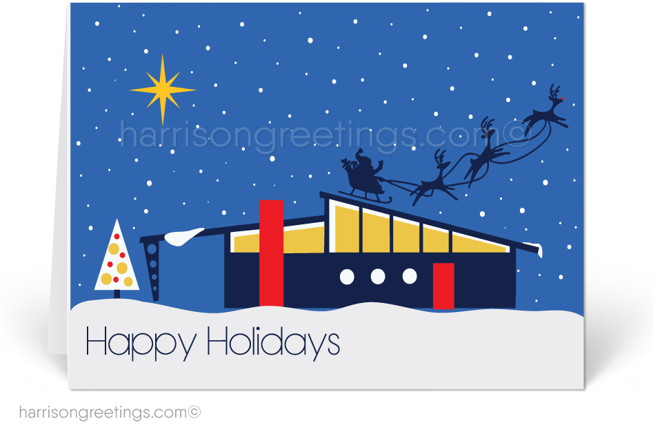 Santa Sleigh Over Modern Building Holiday Card PNG image