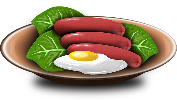 Sausagesand Eggon Spinach Leaves PNG image