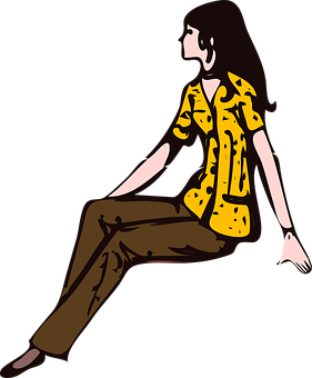Seated Cartoon Girl Yellow Top Brown Pants PNG image