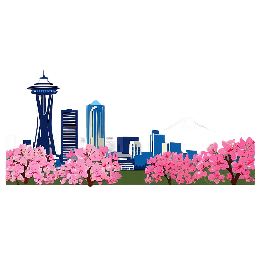 Seattle Skyline And Cherry Blossoms Png Wvb PNG image