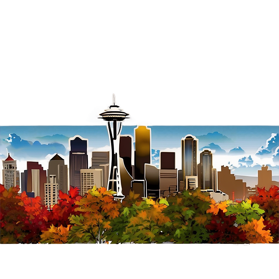 Seattle Skyline With Autumn Leaves Png Sea PNG image