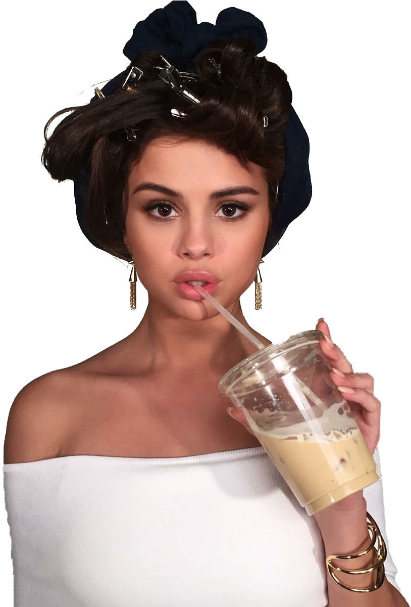 Selena Gomez Sipping Drink Casual Look PNG image