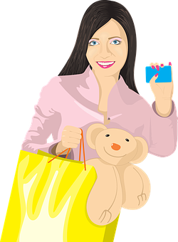 Shopping Girl With Teddy Bear And Card Illustration PNG image