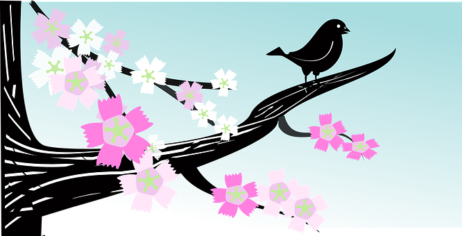 Silhouetted Birdon Flowering Branch PNG image