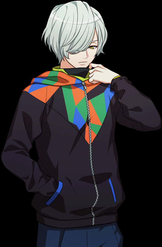 Silver Haired Anime Boyin Colorful Hoodie PNG image