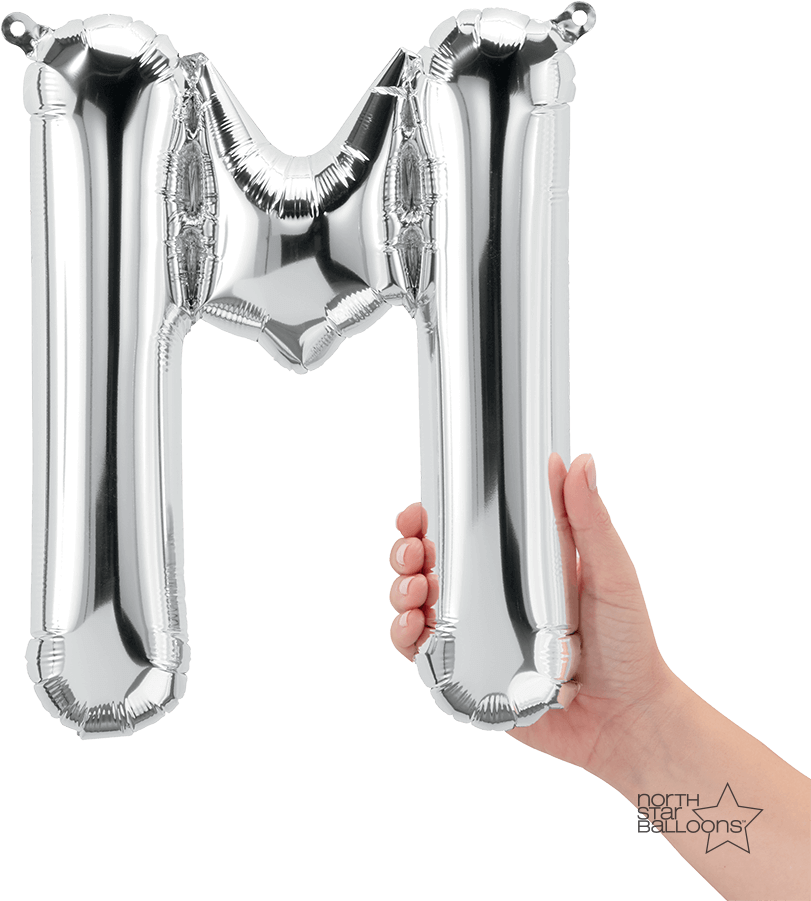 Silver Letter M Balloon Held By Hand PNG image