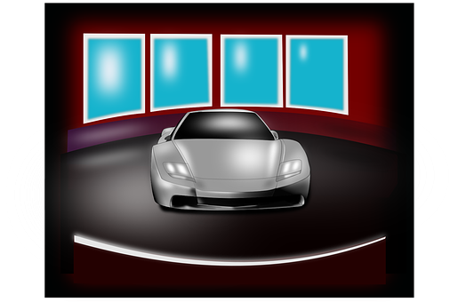 Silver Sports Car Showroom Display PNG image