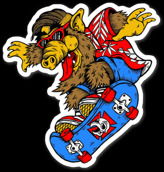 Skateboarding Wolf Sticker Art PNG image