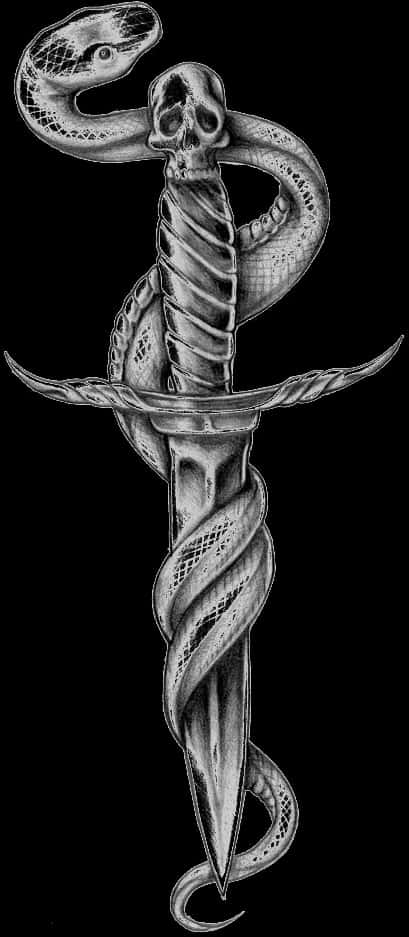 Skull Serpent Dagger Tattoo Design PNG image