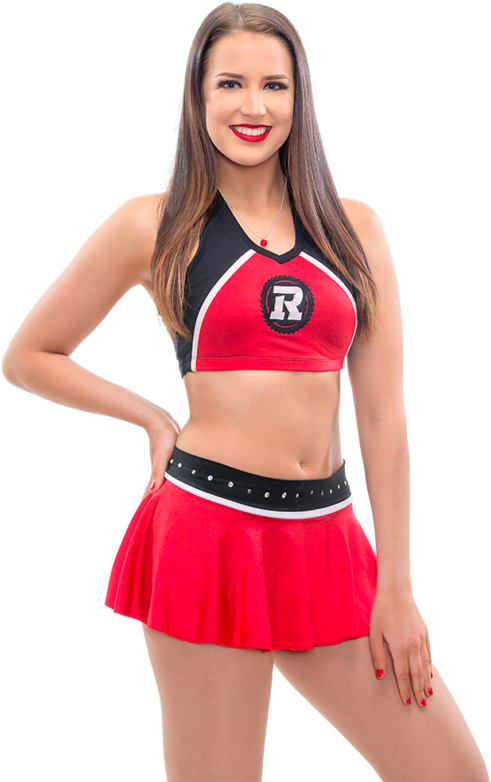 Smiling Cheerleaderin Redand Black Uniform PNG image