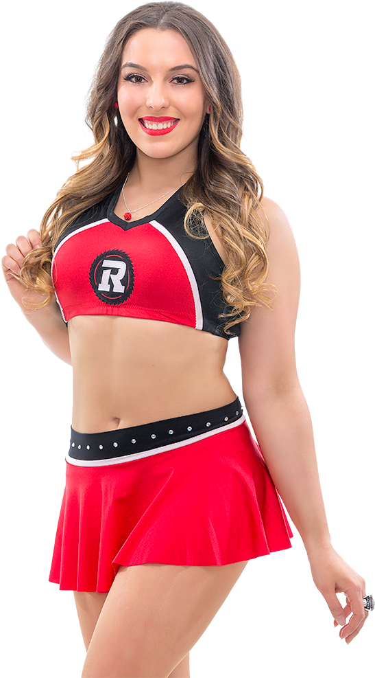 Smiling Cheerleaderin Redand Black Uniform PNG image