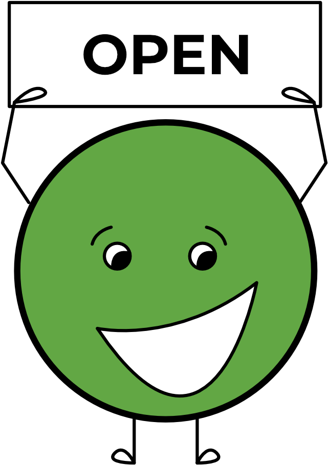 Smiling Circle Character Holding Open Sign PNG image