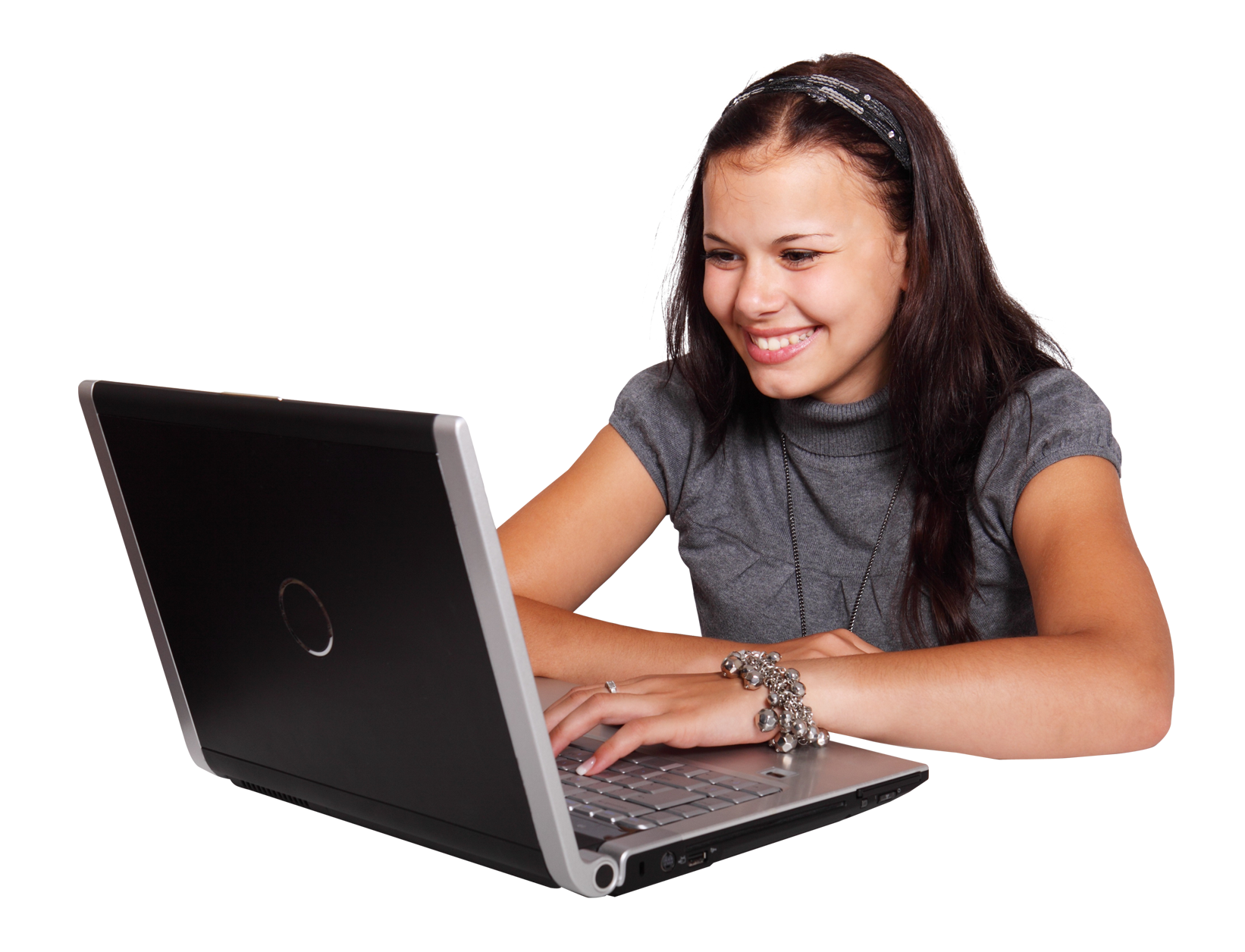 Smiling Girl Using Laptop PNG image