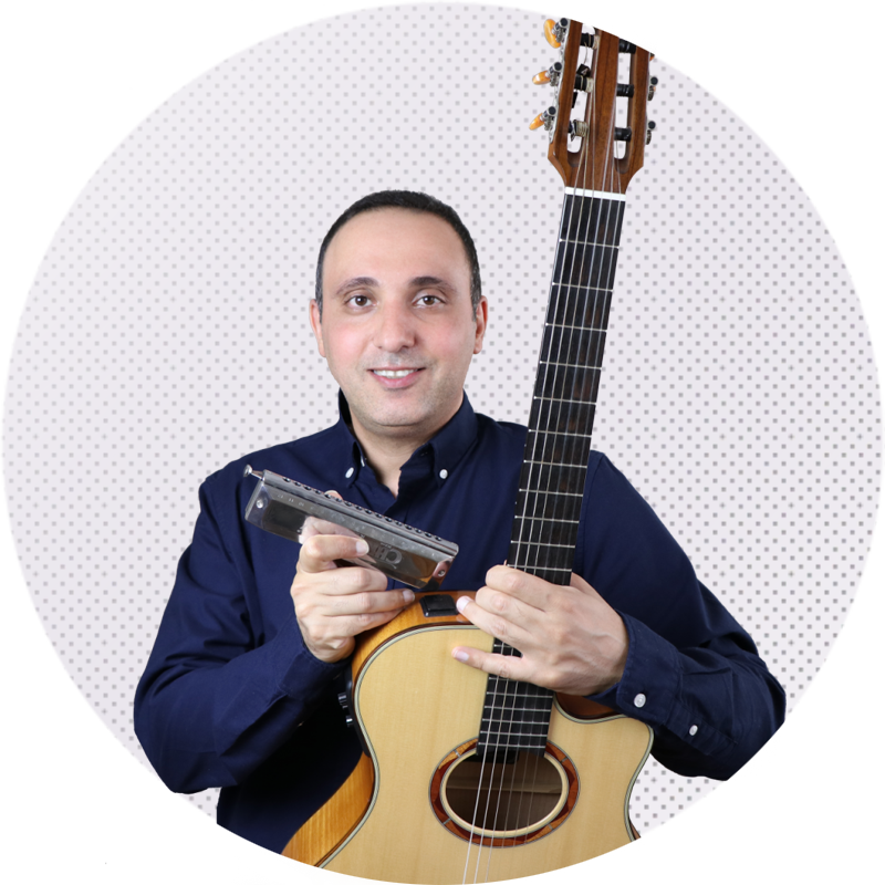 Smiling Guitaristwith Harmonica PNG image