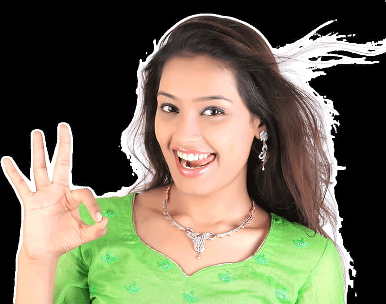 Smiling Indian Girl Giving Okay Sign PNG image