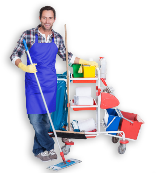Smiling Janitor With Cleaning Cartand Mop PNG image
