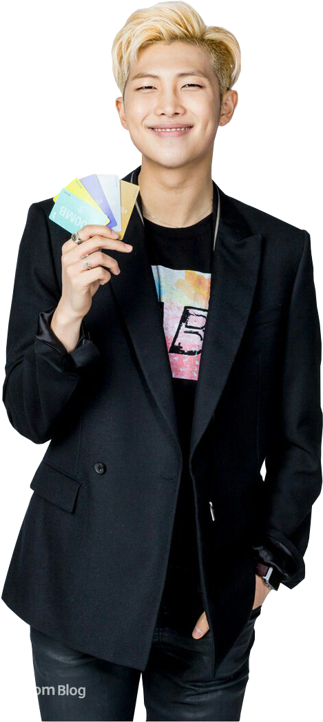 Smiling Man Holding Cards Black Suit PNG image