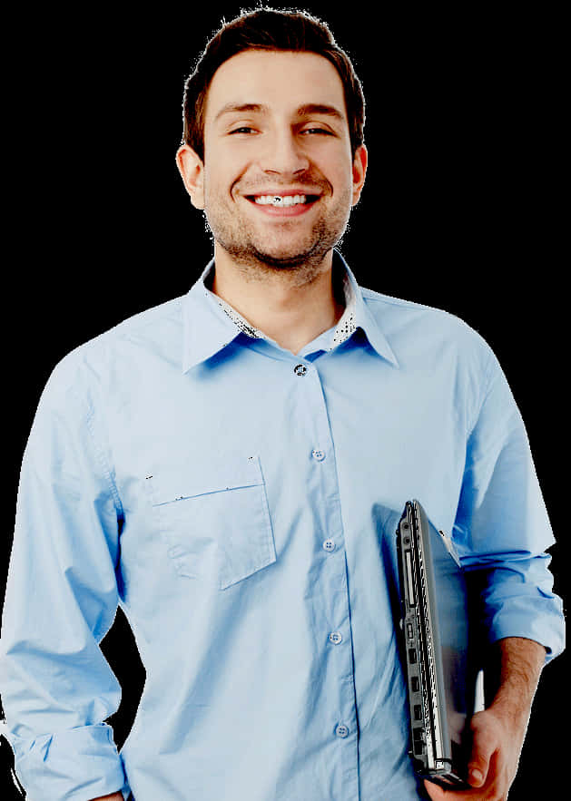 Smiling Man Holding Laptop PNG image