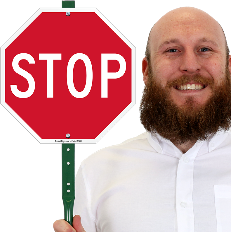 Smiling Man Holding Stop Sign PNG image