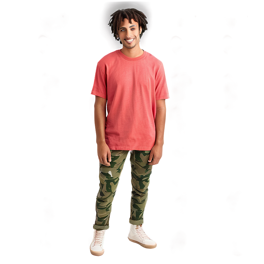 Smiling Manin Red Shirtand Camouflage Pants PNG image